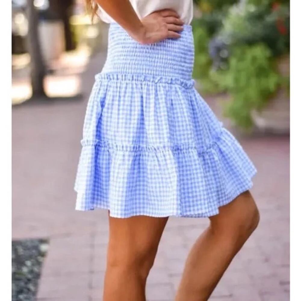 J. Marie Women's Blue White Check Gingham The Dorthy Linen Skirt Medium - Picture 2 of 8